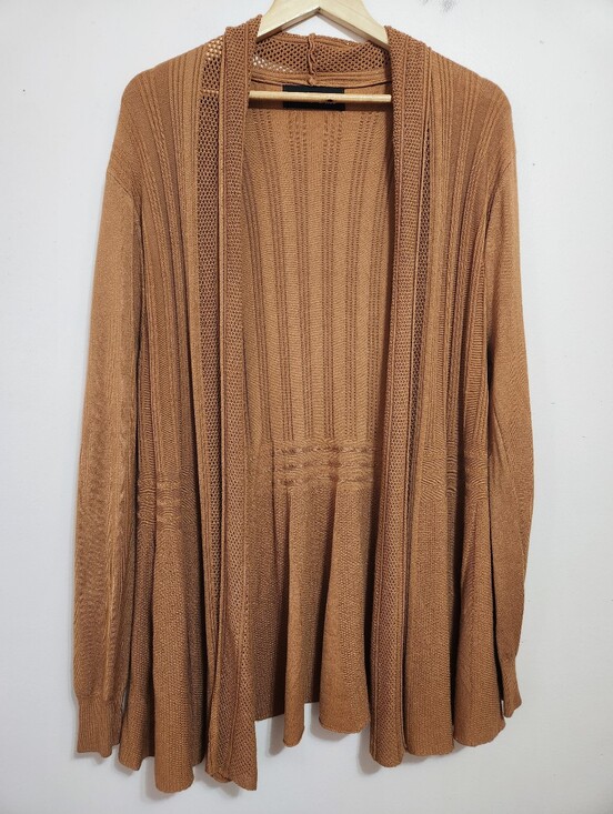 Cherie Bliss Sweaters - Cherie Bliss Camel Ribbed Peplum Open Front Cardigan Pointelle Crochet Trim M/L